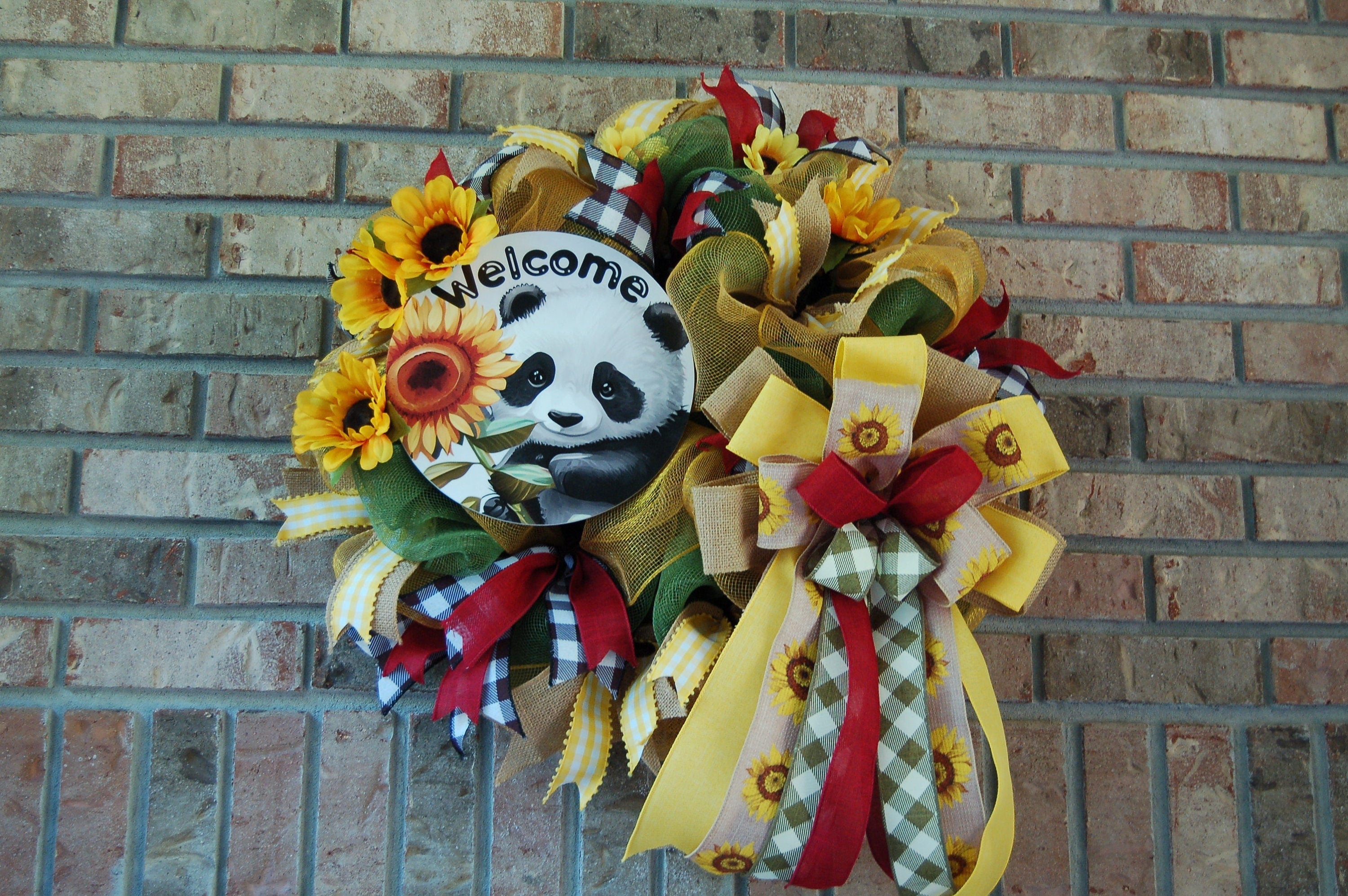 Panda Sunflower Wreath | Black, White & Yellow Door Decor handmade by Bouge Creations
