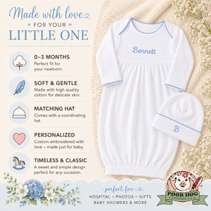 Personalized Newborn White Gown with Blue Picot Trim and Custom Embroidery