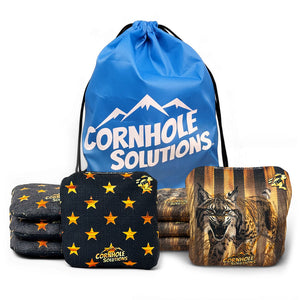 Bobcat/Rustic Stars - Pro Style REC Cornhole Bags – Regulation 6"x6" – Full Set of 8 Cornhole Solutions