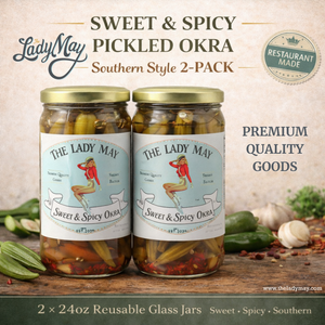 Lady May Sweet & Spicy Pickled Okra – 2 Pack (24oz Jars) – Southern Style Whole Fresh Okra Pods – Small Batch Restaurant Made – Sweet Heat with Jalapeño & Garlic