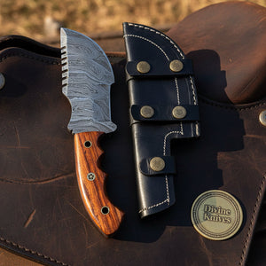 Rosewood Finger Groove Damascus Tracker Knife with Contoured Wood Handle