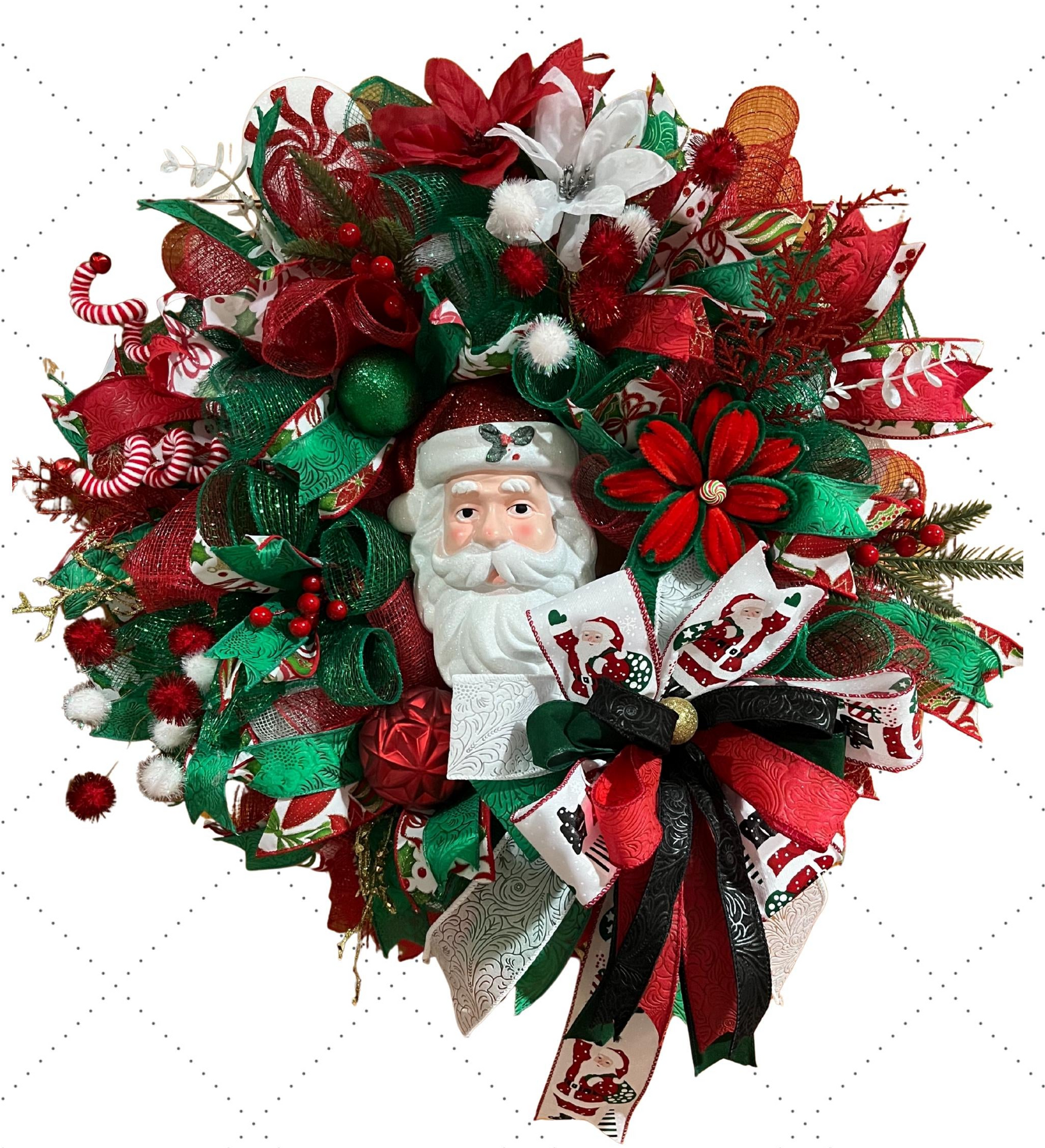 Christmas Wreath | Handmade Santa Christmas Wreath | Holiday Mesh, Festive Decor detail view by Bouge Creations