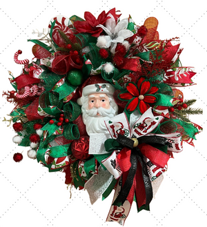 Christmas Wreath | Handmade Santa Christmas Wreath | Holiday Mesh, Festive Decor detail view by Bouge Creations