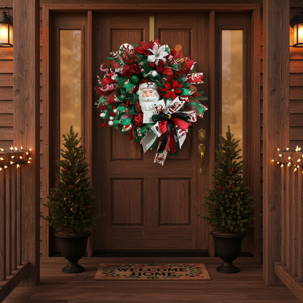 Christmas Wreath | Handmade Santa Christmas Wreath | Holiday Mesh, Festive Decor detail view by Bouge Creations