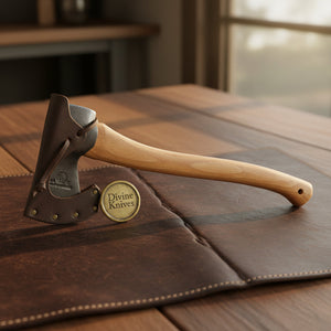 Rune Etched Norse Battle Axe with Gold Accents & Blue Stone Inlays