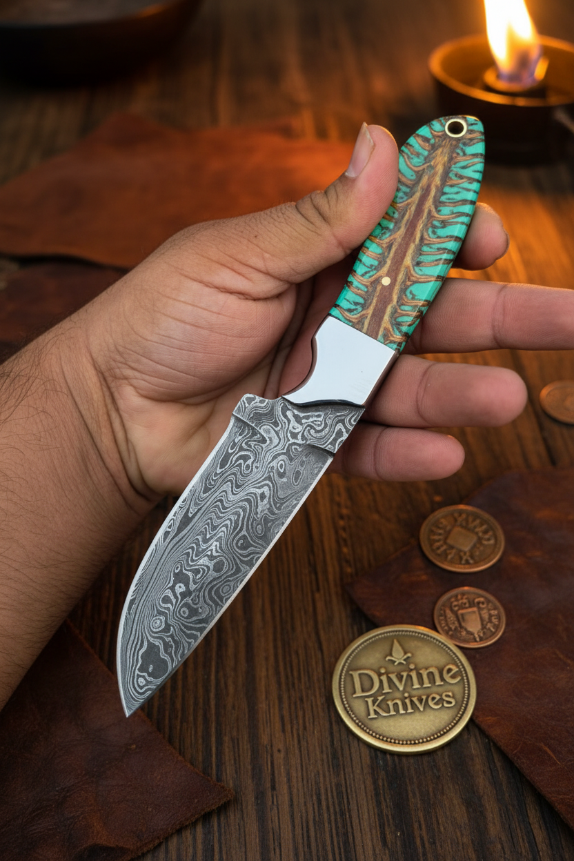 Emerald Pinecone Damascus Skinner Knife with Silver Bolster