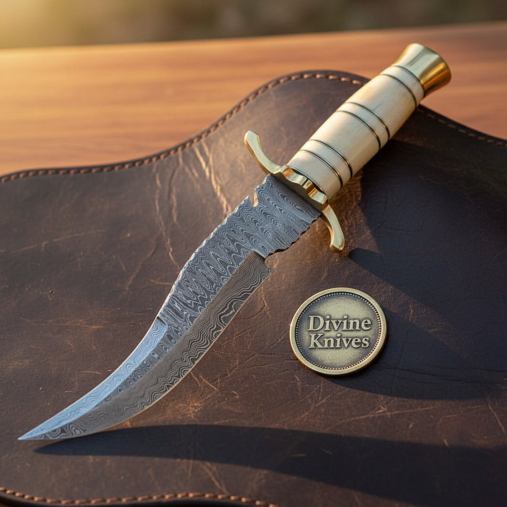 Bone Handle Trailing Point Bowie Knife with Stacked Brass Fittings