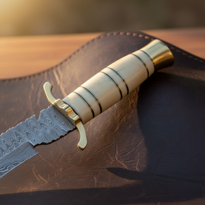 Bone Handle Trailing Point Bowie Knife with Stacked Brass Fittings