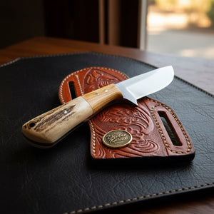 Stag Horn & Wood Drop Point Hunter  with Natural Mixed Handle