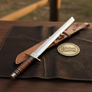 Polished Steel Tanto Sword with Wrapped Handle and Leather Sheath