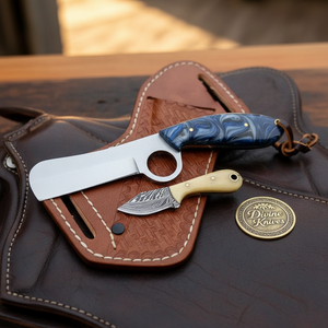 Finger Hole Bull Cutter & Neck Knife Set with Leather Sheath