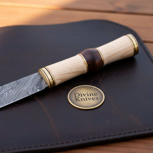 Barrel Grip Damascus Broken-Back Seax Knife with Bone and Wood Handle by Divine Knives — view 1 of 4
