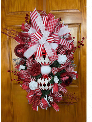 Red & White Ornament Christmas Wreath | Holiday Door Decor by Bouge Creations, view 3