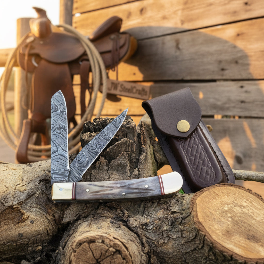 Damascus Steel Trapper Knife 4" with Bone Handle, Folding Pocket Knife detail view by JW SteelCrafts