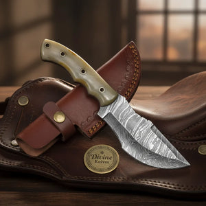 Khaki Bone Damascus Tracker Knife for Outdoor Work