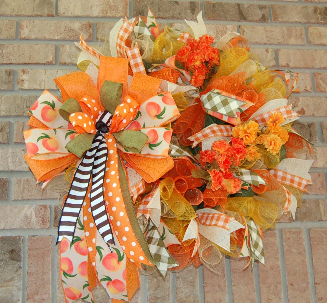 Peach & Orange Fall Wreath | Polka Dot Bow Door Decor by Bouge Creations, view 7