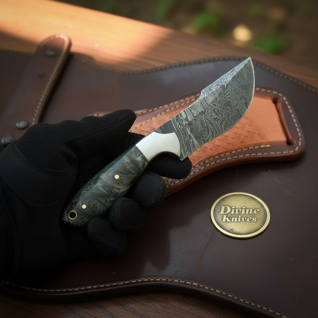 Damascus Charcoal Burl Resin Cowboy Knife product detail, view 5