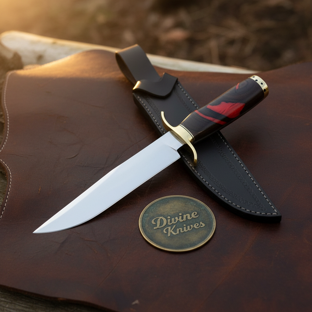 Red Micarta Handle Bowie Knife with Polished Drop Point Blade and Tooled Black Sheath