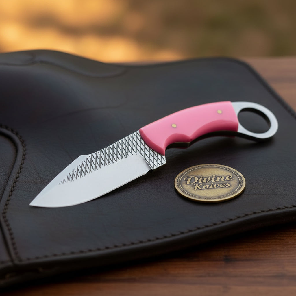 Pink Resin Rasp Ring Skinner Knife with Rasp product detail, view 4