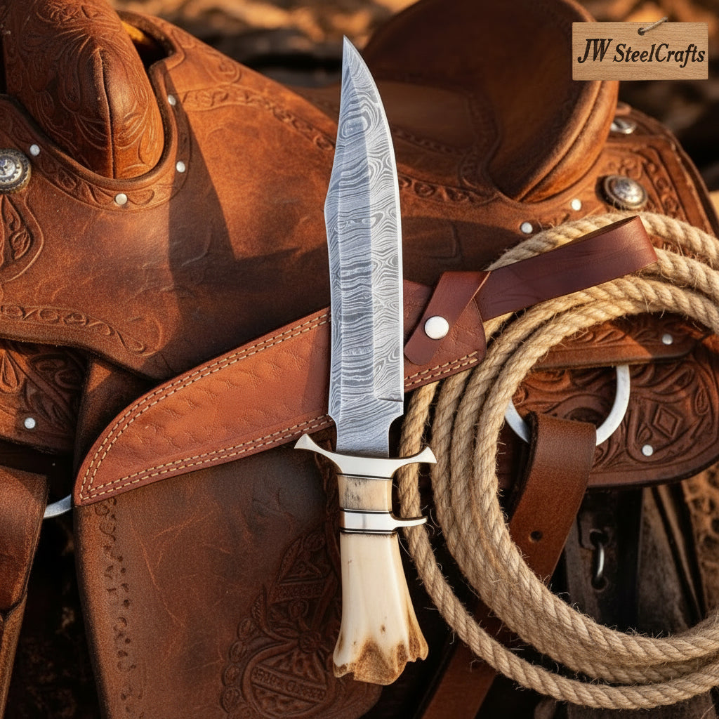Frontier Stag Bowie Knife 10" Handmade Damascus Stag Antler Handle