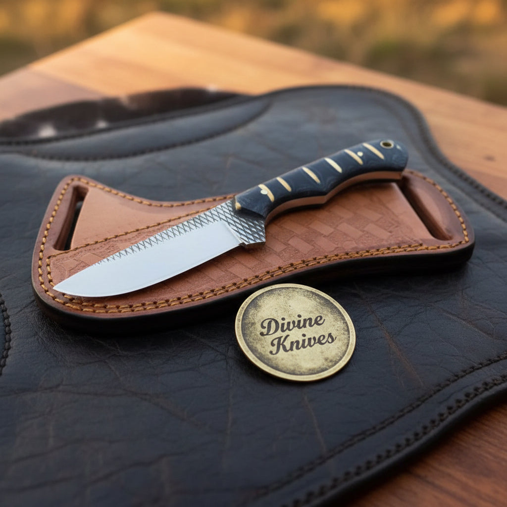 Black Infused Resin Rasp Cowboy Knife with Marbled Black Handle