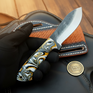 Orange Swirl Resin Rasp Skinner Knife with product detail, view 2