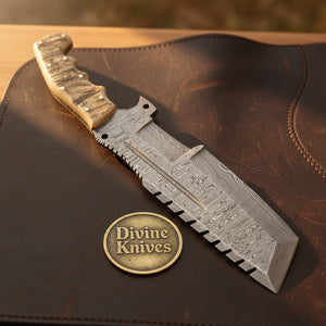 Finger Groove Sawback Skinner Knife with Amber Horn Handle for Hunting and Field Dressing
