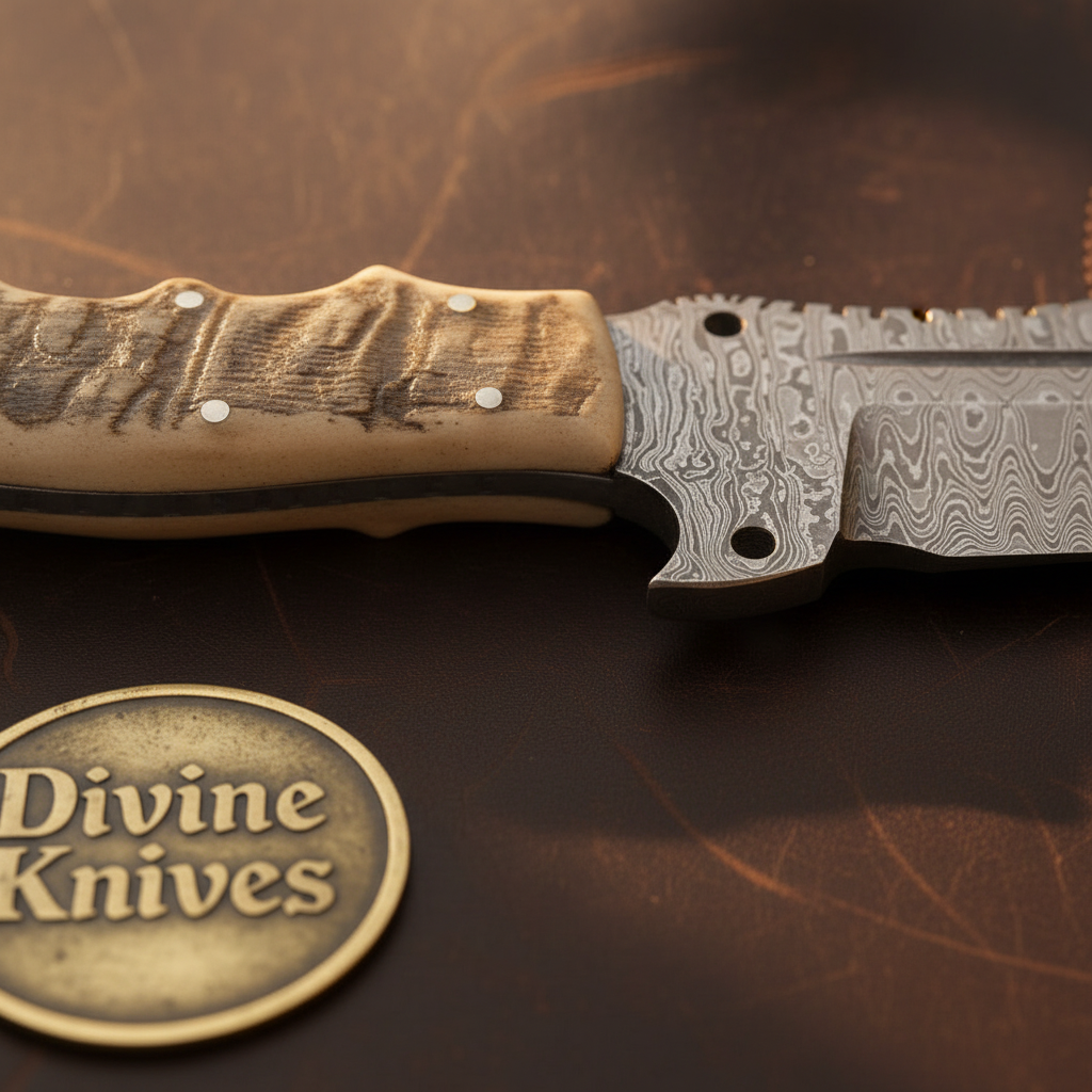 Finger Groove Sawback Skinner Knife with Amber Horn Handle for Hunting and Field Dressing