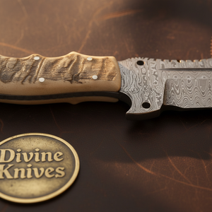 Finger Groove Sawback Skinner Knife with Amber Horn Handle for Hunting and Field Dressing