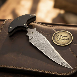 T Handle Push Dagger Knife with Black Horn Grip and Hand Forged Spear Point Blade