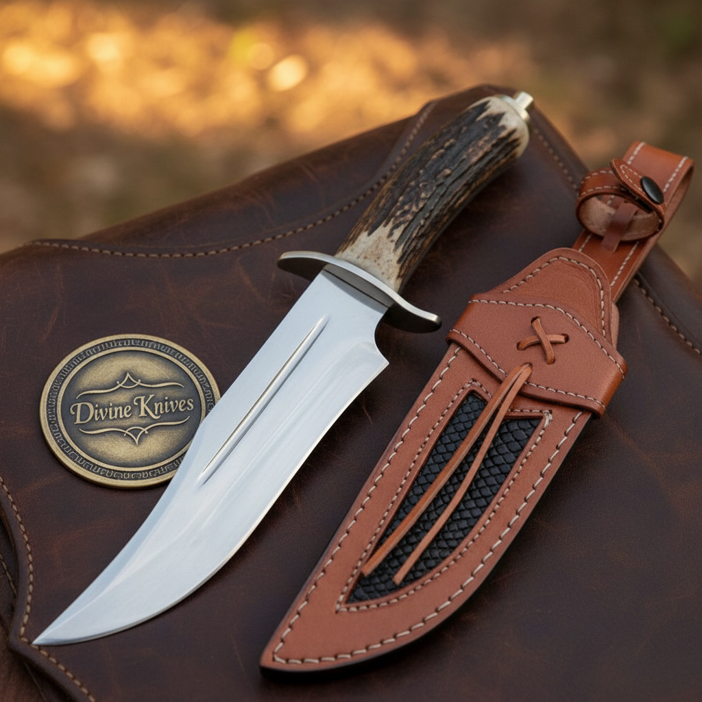 Antler D2 Steel Western Bowie Knife with Natural Antler Handle by Divine Knives — product view 1