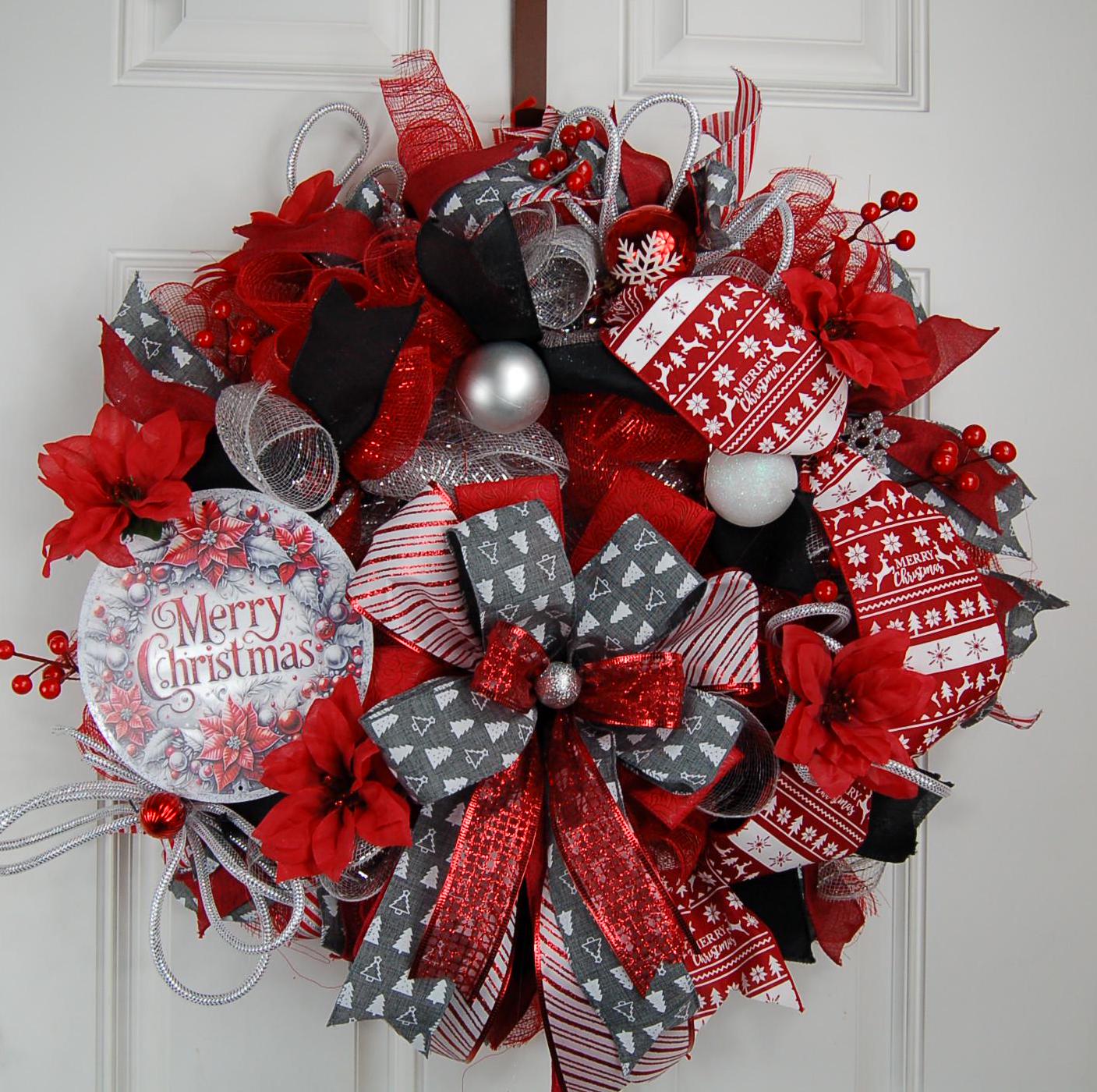 Red Poinsettia Christmas Wreath | Gold Plaid Door Decor by Bouge Creations, view 5