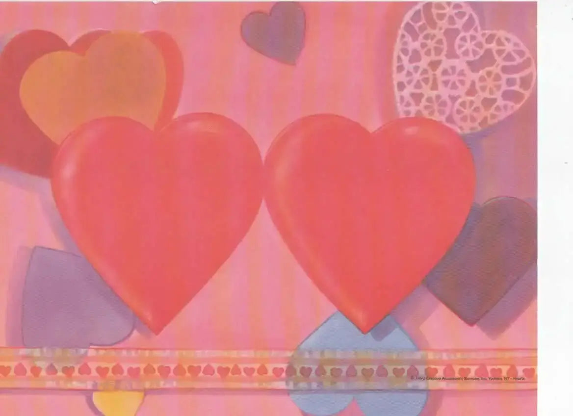Background with overlapping red, orange, and white hearts with a strip of small hearts at the bottom.