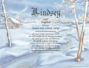 Lindsey Name Meaning Print: Personalized Gift with English Origin & Winter Scene Background