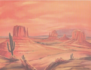 Desert Landscape Painting: Monument Valley Scene with Cacti & Buttes in Warm Tones