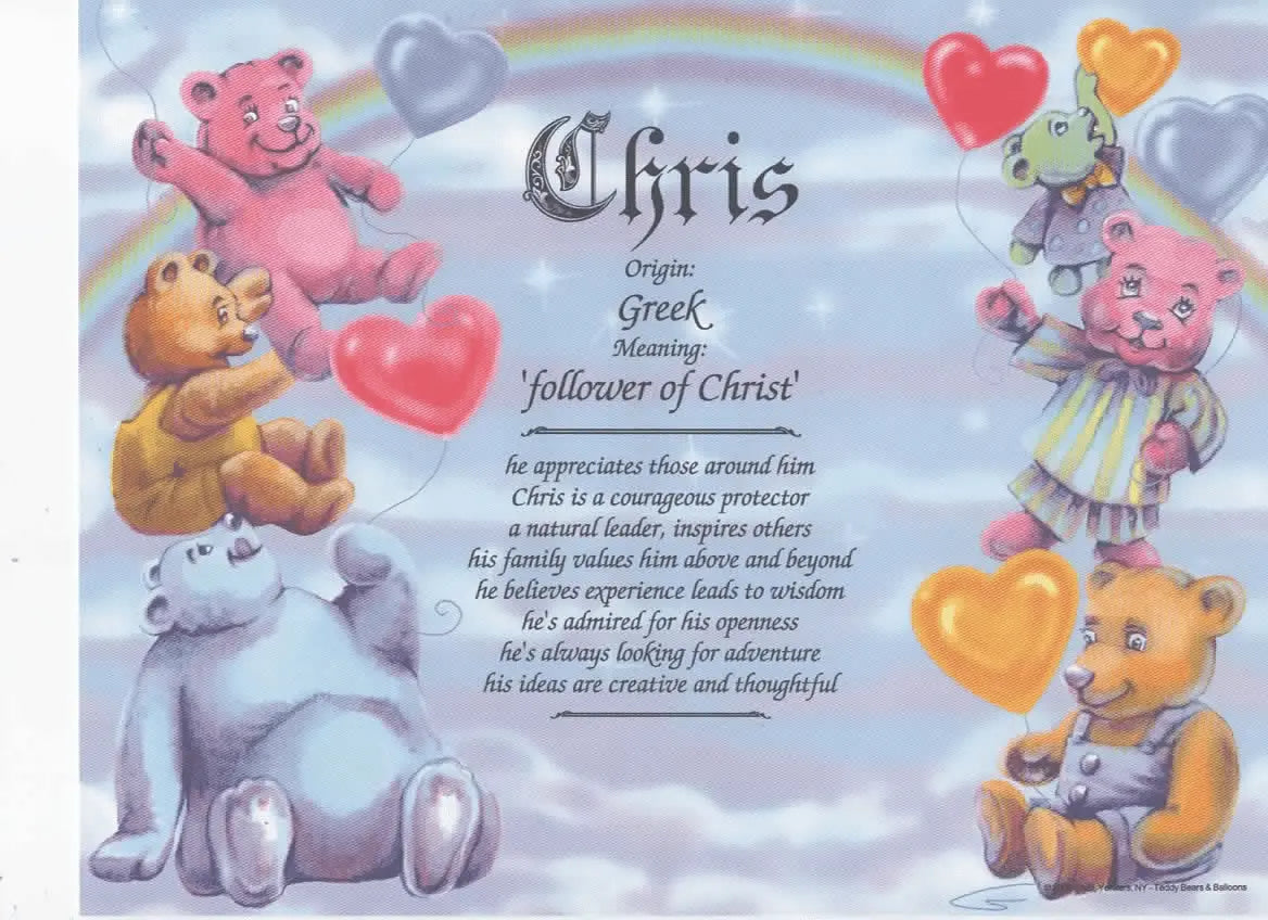 Chris Name Meaning Art: Teddy Bears & Balloons, Origin & Personalized Traits. Perfect keepsake gift for Chris!