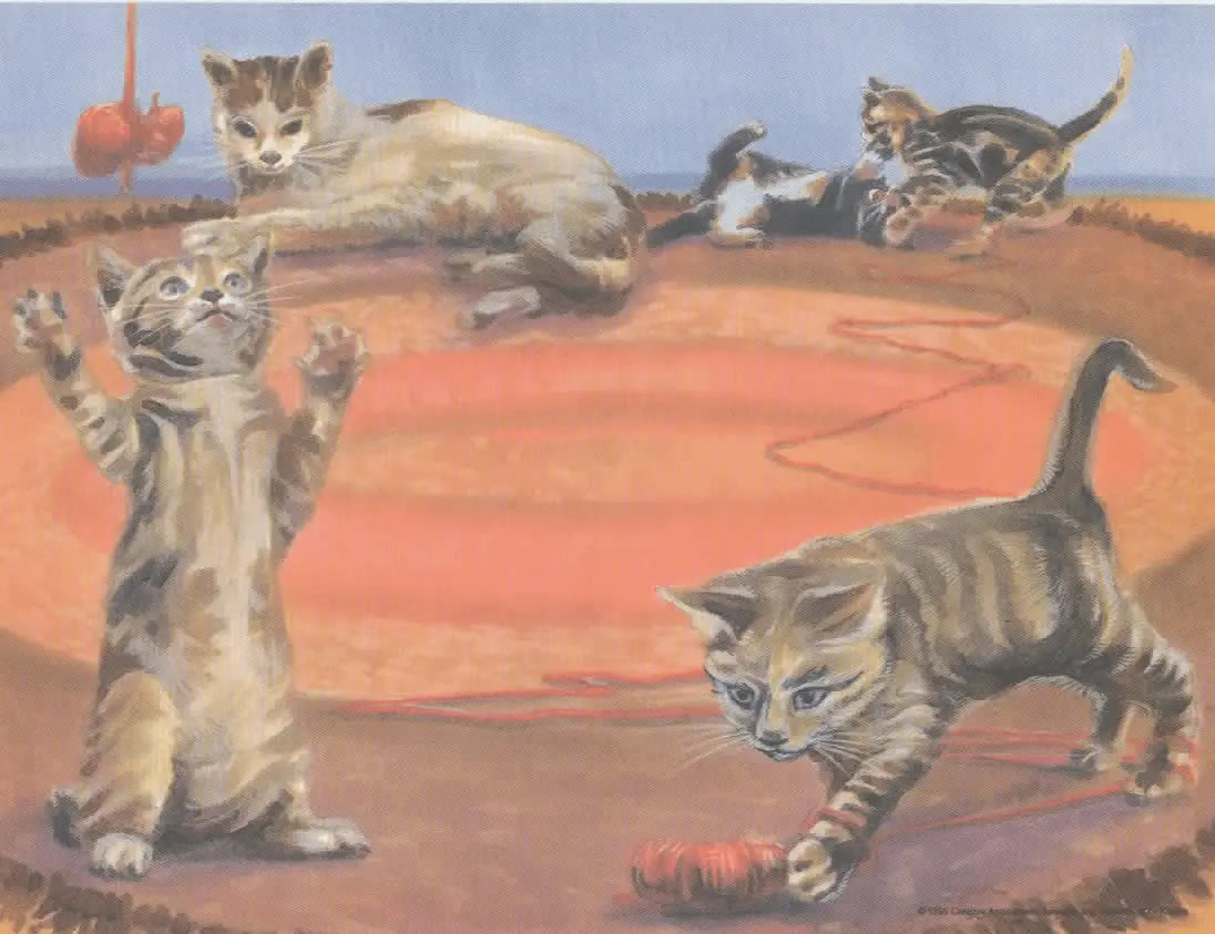 Playful Kittens Artwork: Adorable Cats Playing with Yarn on a Colorful Background