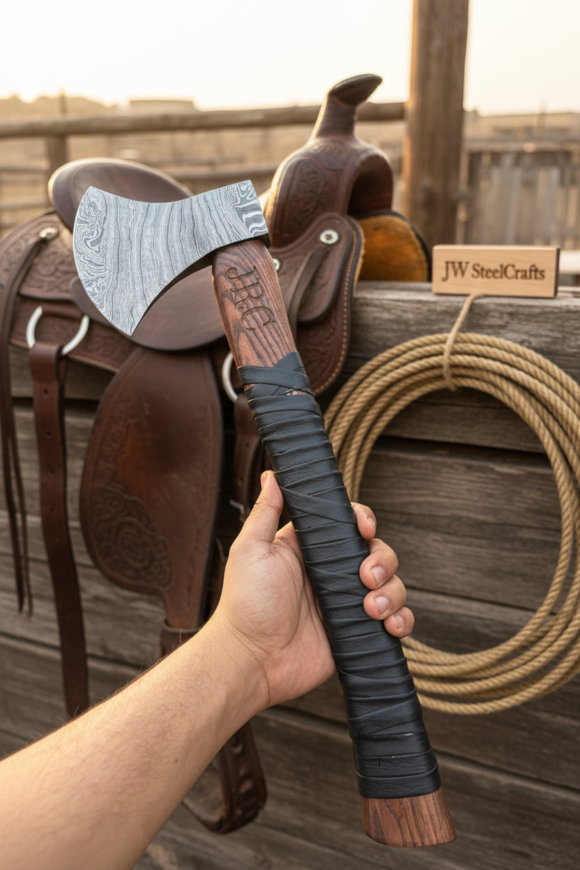 Heavy Duty Damascus Camp Axe with Leather Wrap Handle and Sheath, Hand-Forged Bushcraft Axe | JW SteelCrafts by JW SteelCrafts, leather knife sheath main product photo