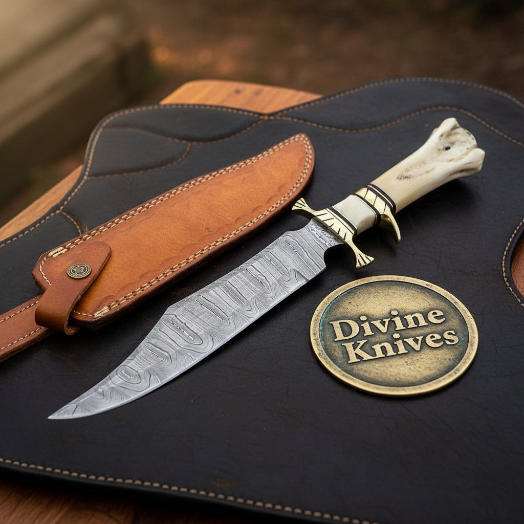 Damascus Crown Stag Sub-Hilt Bowie with Brass Double Guard for Camping