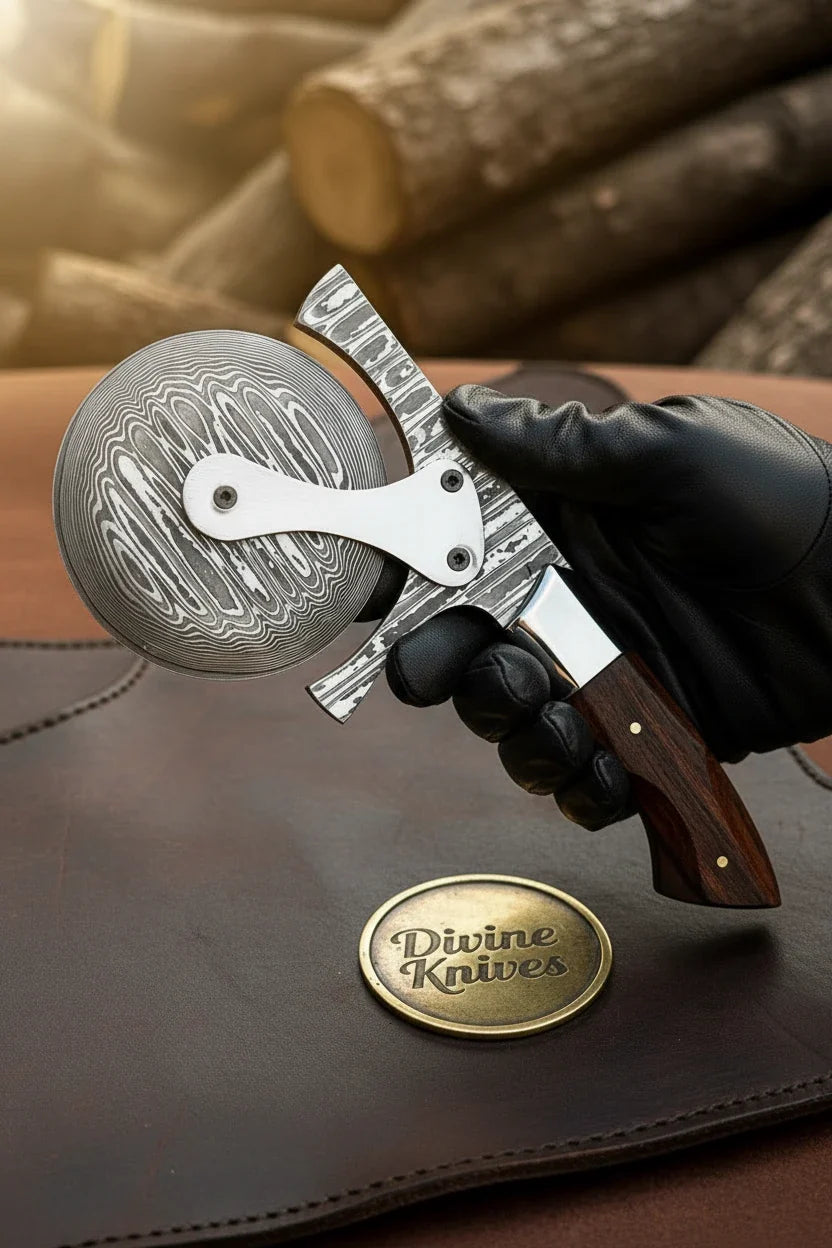 Twist Pattern Handmade Pizza Cutter with Rosewood Handle by Divine Knives — product view 2