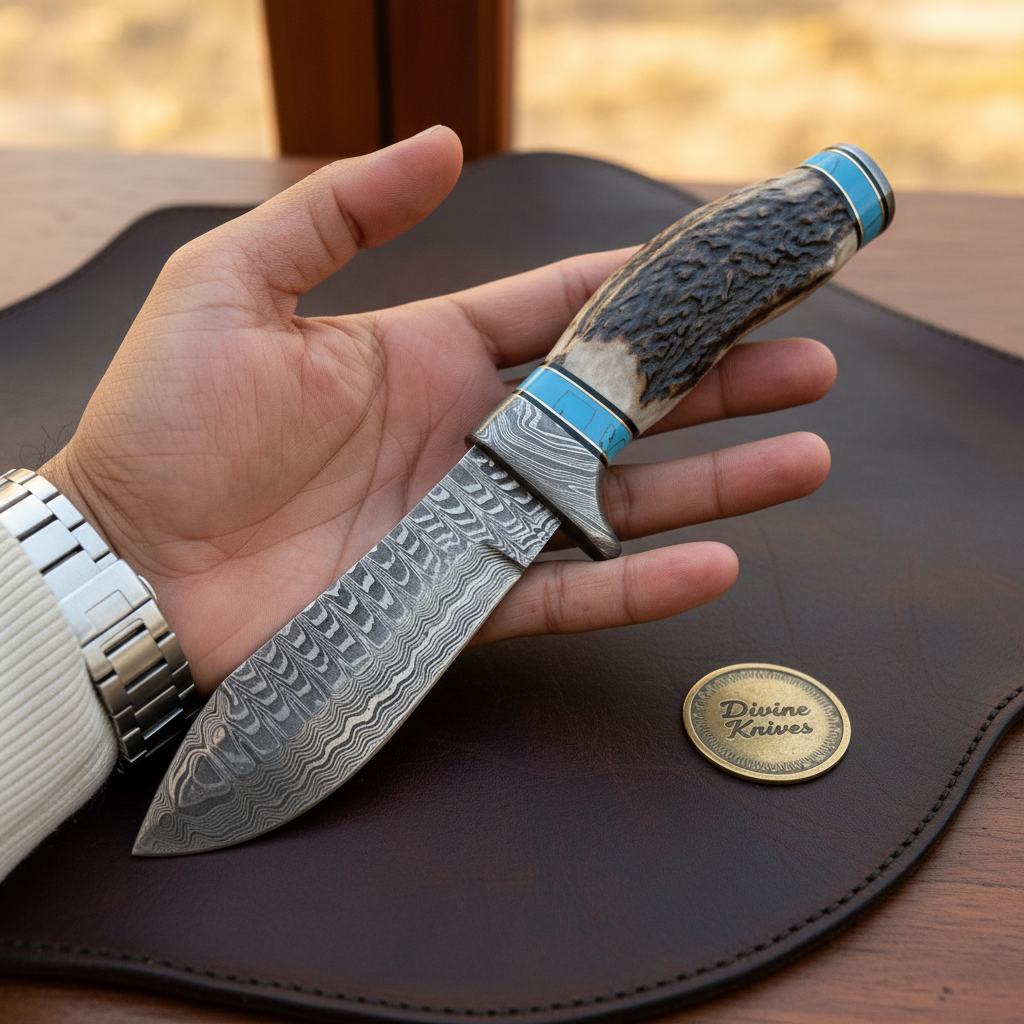 Turquoise Inlay Hunting Knife with Stag Antler Handle and Hand Forged Drop Point Blade