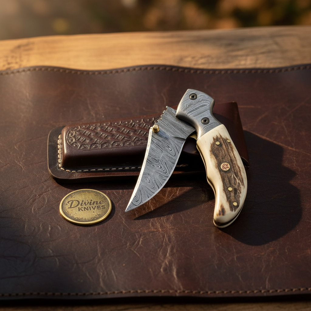 Antler Damascus Linerlock Pocket Knife for Everyday Function by Divine Knives — product view 1