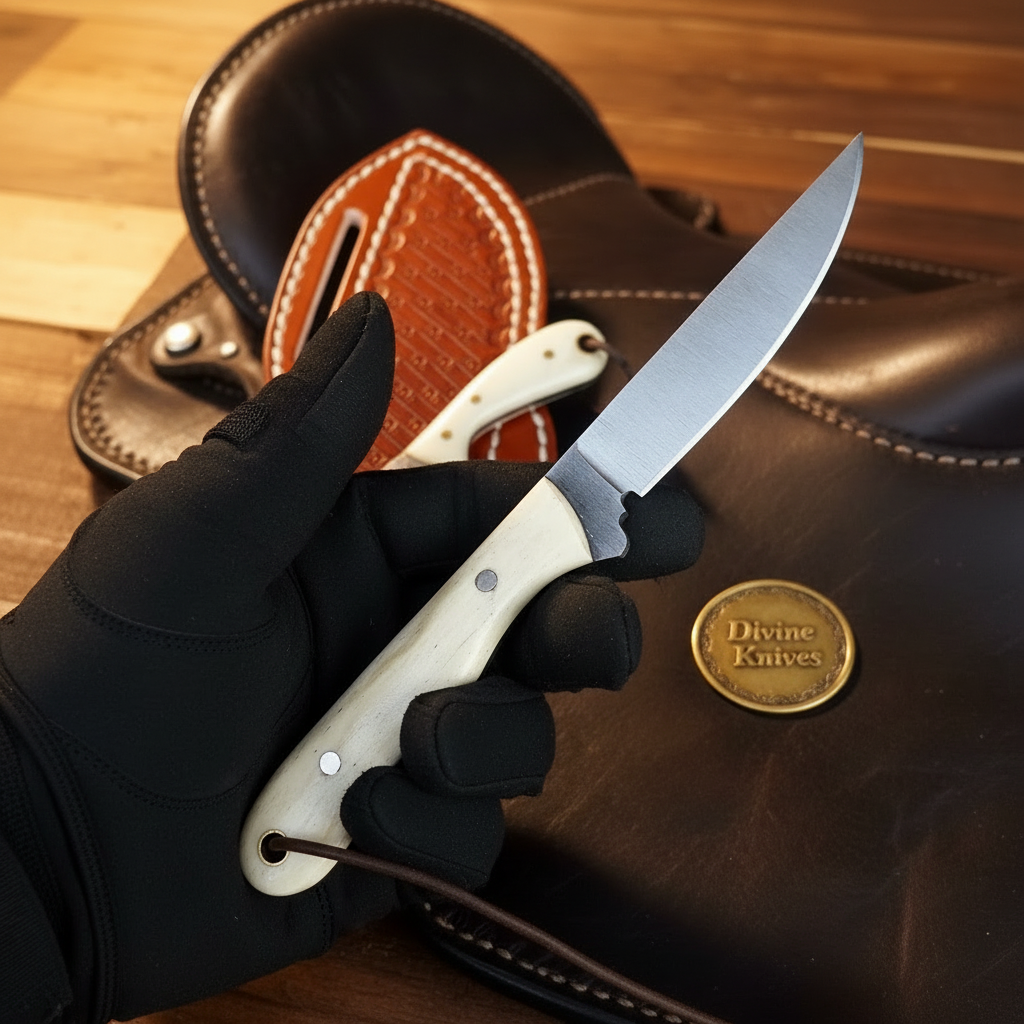 Camel Bone Bird and Trout Knife with Damascus and Carbon Steel Blade