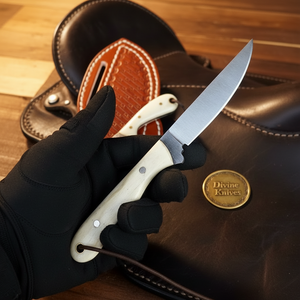 Camel Bone Bird and Trout Knife with Damascus and Carbon Steel Blade