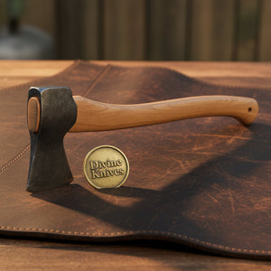 Rune Etched Norse Battle Axe with Gold Accents & Blue Stone Inlays