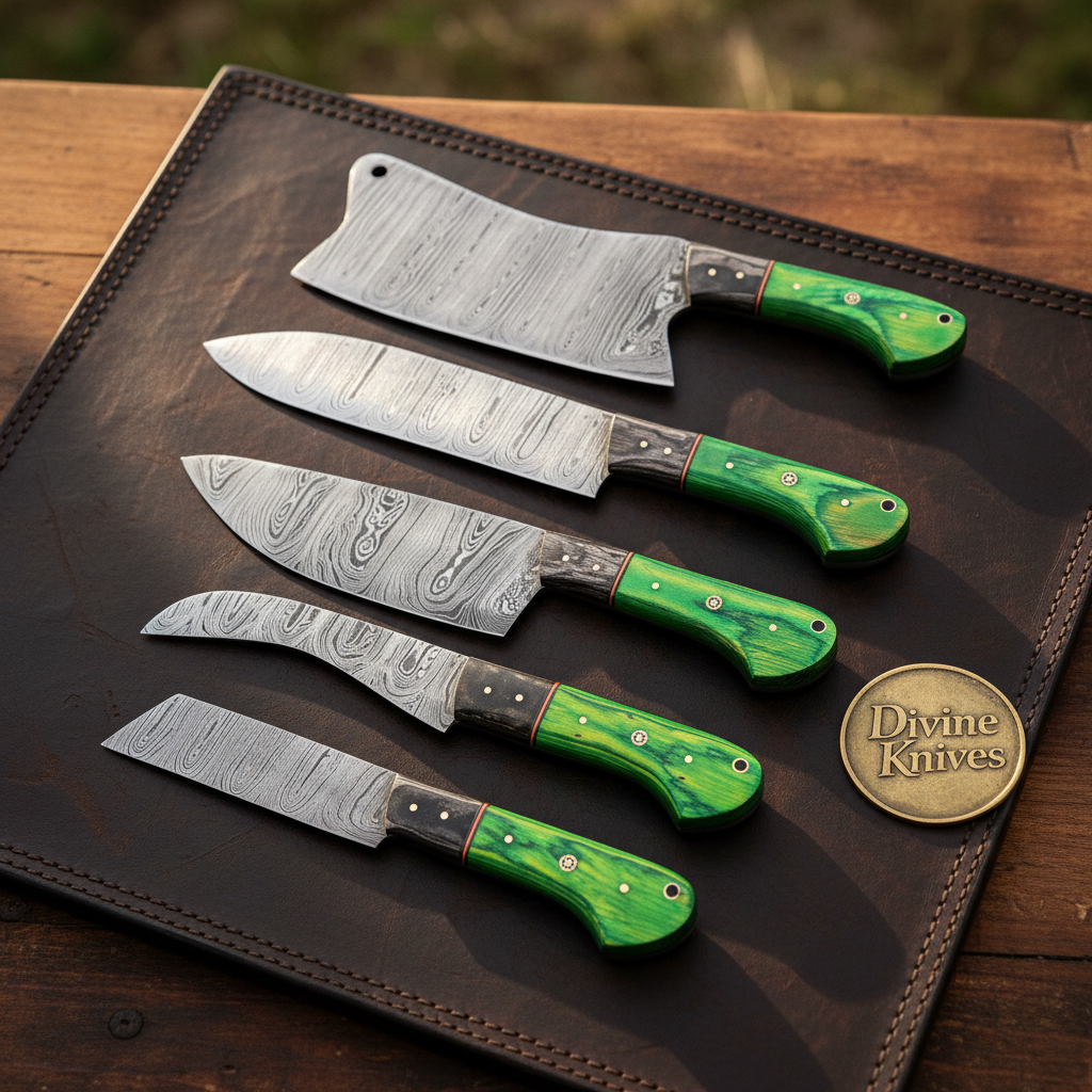 Green Handle Cleaver Knife Set of 5 with Forged Blades and Rosewood Bolsters