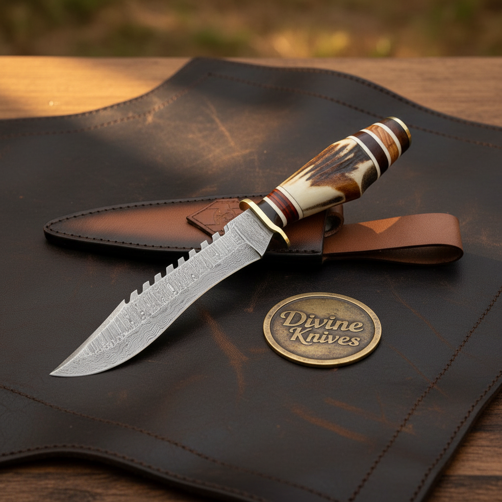 Sawtooth Spine Hunting Knife with Stacked Stag Handle and Hand Forged Layered Blade