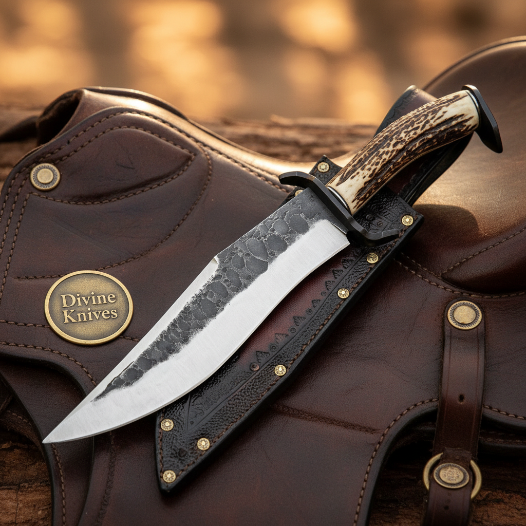 Hammered Coffin Antler Clip-Point Bowie with Angular Grip by Divine Knives — product view 1