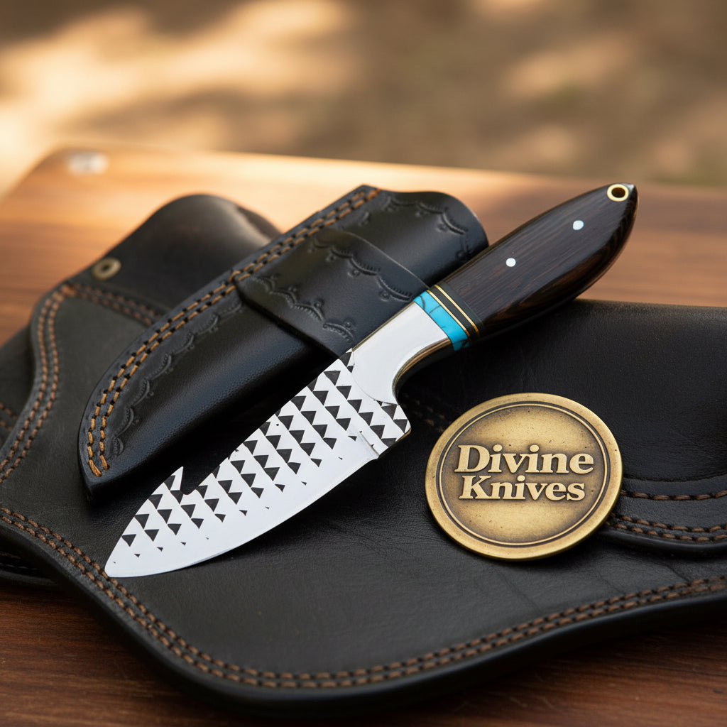 Rasp Turquoise Inlay Dark Wood Gut Hook by Divine Knives