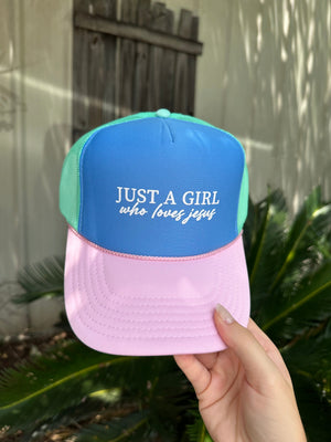 Just A Girl Who Loves Jesus Multi-Trucker Hat (Carolina Blue)